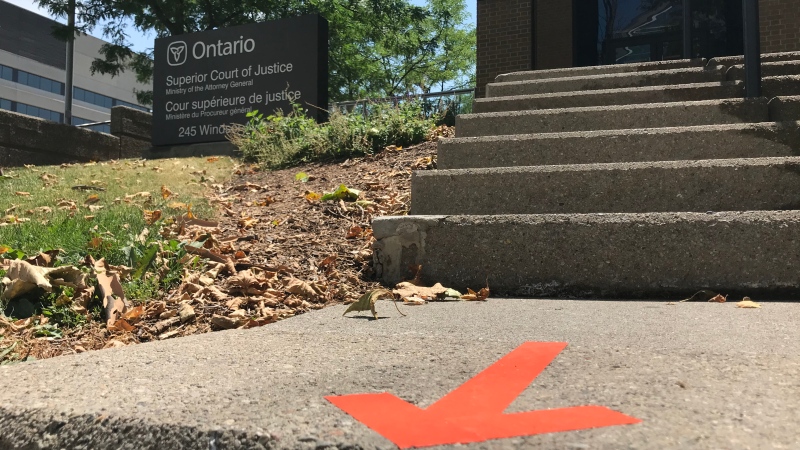 Superior Court building shown with physical distancing arrows in Windsor, Ont. on Thursday, July 9 2020. (Michelle Maluske/CTV Windsor)