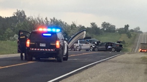 A collision on County Road 124 between Shelburne and Singhampton sent multiple people to the hospital on Fri., July 10, 2020. (Dave Sullivan/CTV News)