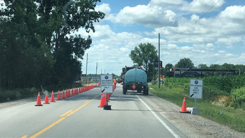 The entrance to Oneida Nation of the Thames, southwest of London, Ont., is seen from Little Church Drive on Tuesday, July 14, 2020. (Jordyn Read / CTV News)