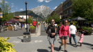 Visitors on Banff Avenue’s newly created pedestrian zone