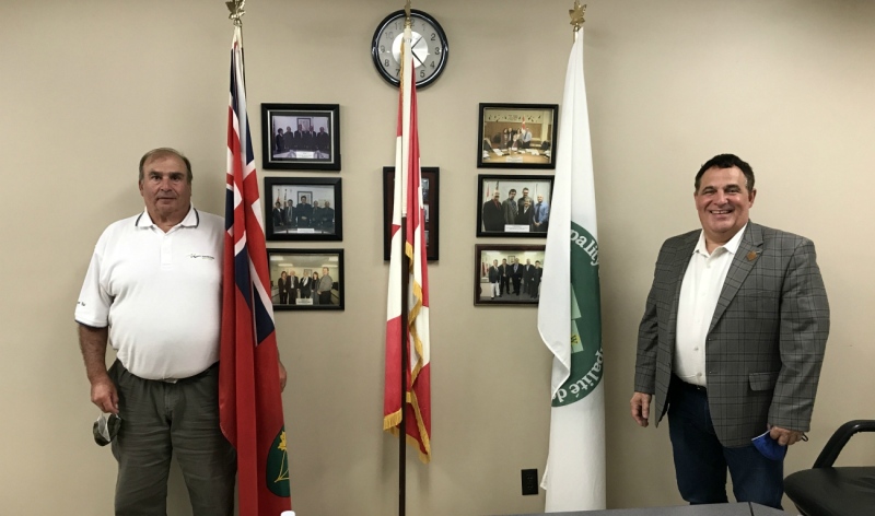 Markstay-Warren Mayor Steve Salonin, left, and Nickel Belt MP Marc Serre announced Tuesday Markstay-Warren is receiving $2.8 million from the federal government to cover the lion's share of a roads project. (Ian Campbell/CTV News)