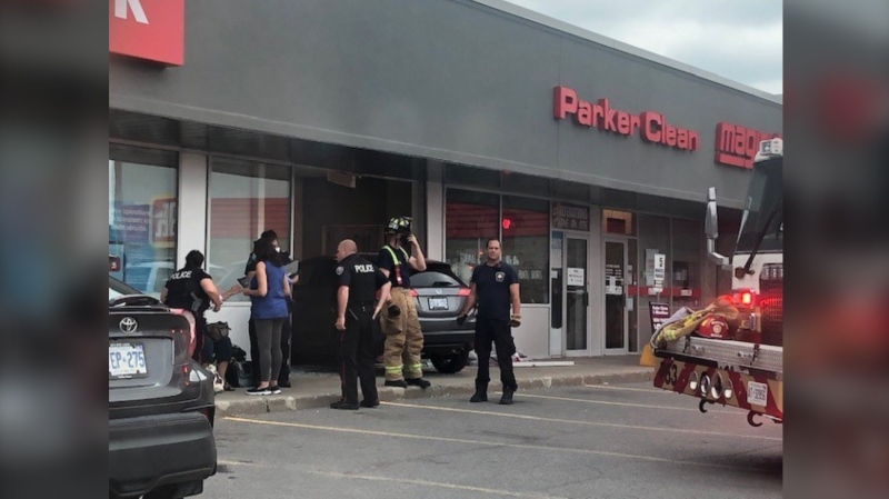 Ottawa Police report no injuries after a vehicle crashed into a building in the area of Tenth Line Road and Charlemagne Blvd. on Thursday. (Photo courtesy: Rob Marchand) 