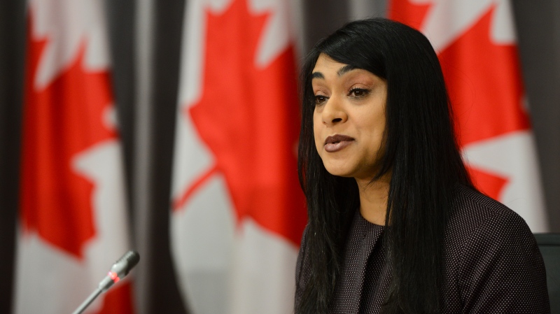 Youth Minister Bardish Chagger speaks during a press conference on Parliament Hill amid the COVID-19 pandemic in Ottawa on Thursday, June 25, 2020. THE CANADIAN PRESS/Sean Kilpatrick