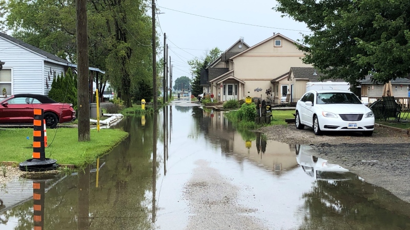 Streets in LaSalle, Ont. near the water, seen here on Thursday, July 16, 2020, are experiencing flooding. (Sijia Liu / CTV Windsor) 