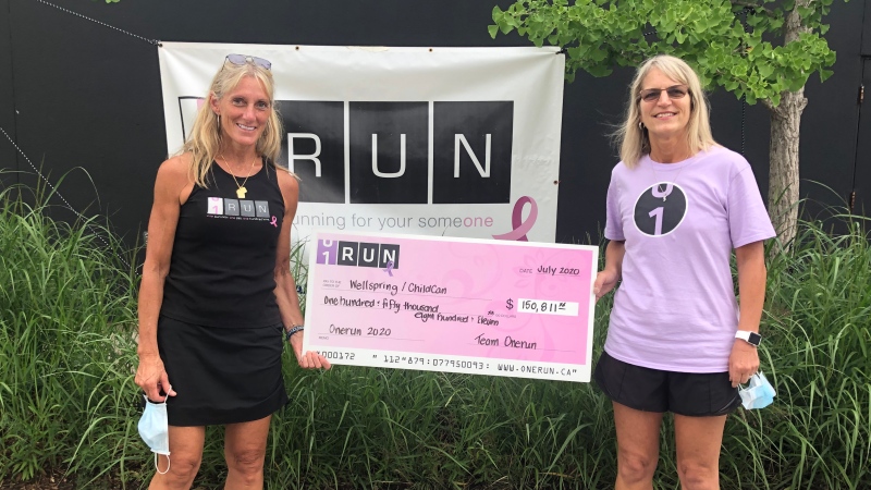 Theresa Carriere, left, presents the ONERUN cheque for Wellspring and Childcan in London, Ont. on Thursday, July 16, 2020. (Source: ONERUN)