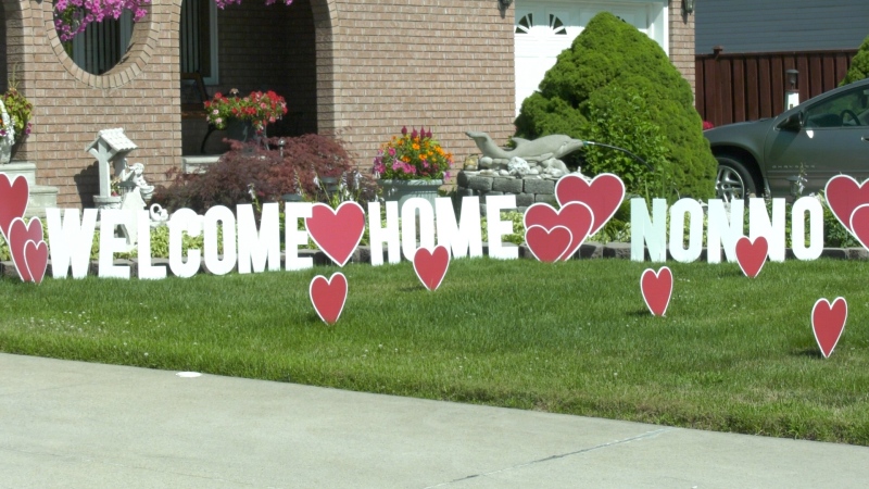 A welcome home sign on the front lawn in Windsor, Ont., on Friday, July 17, 2020. (Sijia Liu / CTV Windsor)