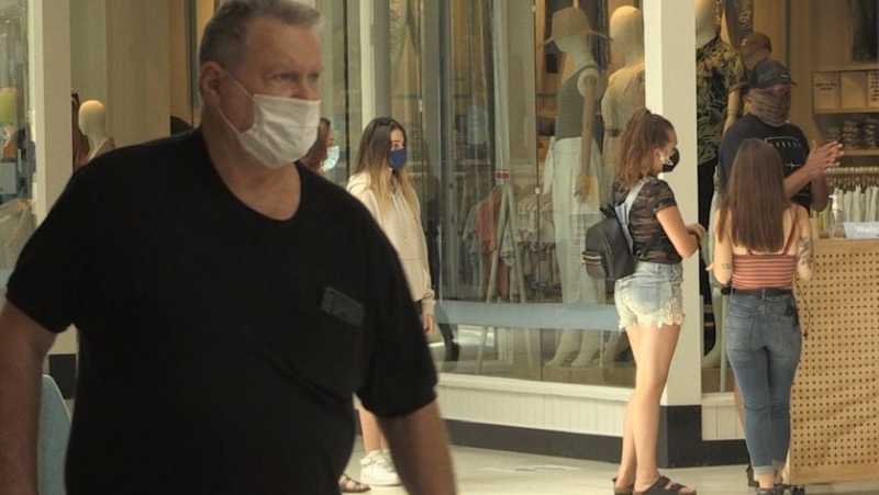 Shoppers inside White Oaks Mall wearing masks on the first day of mandatory use in Middlesex-London on July 18, 2020. (Jordyn Read/CTV London)