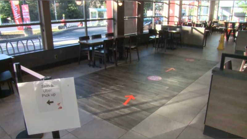 The dining room at a Tim Hortons in Kanata, Ont. More than half of all tables have been removed to allow for physical distancing. (CTV Morning Live Ottawa)