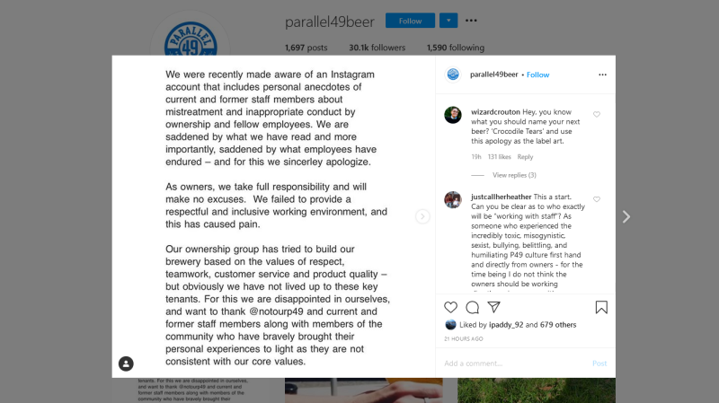 An Instagram post from Parallel 49 Brewing Company is shown. 