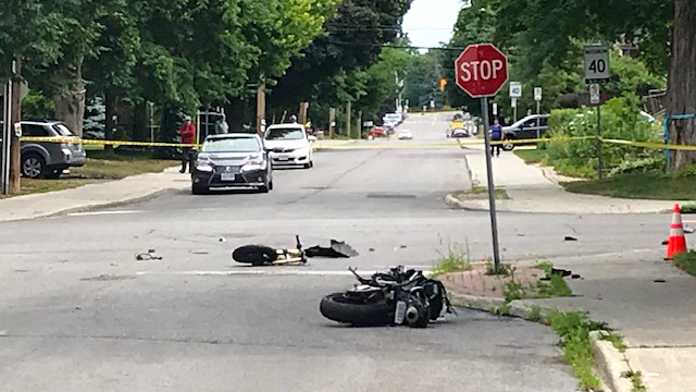 A motorcyclist was transported to hospital after a crash near Holland Avenue and Ruskin Street. (Jim O'Grady/CTV News Ottawa)