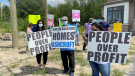 Home buyers protest outside the Ashcroft Homes' offices on Renaud Road after their agreements of purchase and sale were cancelled.  (Dylan Dyson/CTV News Ottawa)