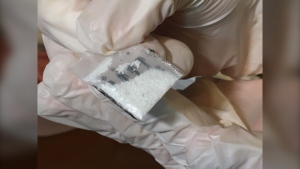 Potential bag of purple down that was dropped off at the Morberg House. It was tested and came back positive for fentanyl. (Source: Michelle Gerwing/CTV News)