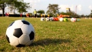 A stock photo shows a soccer ball on a field. (Shutterstock)
