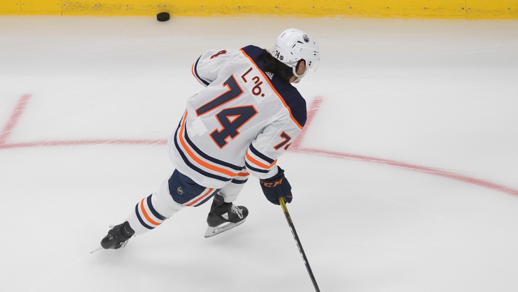 Ethan Bear of the Edmonton Oilers wears a special jersey as he warms  News Photo - Getty Images
