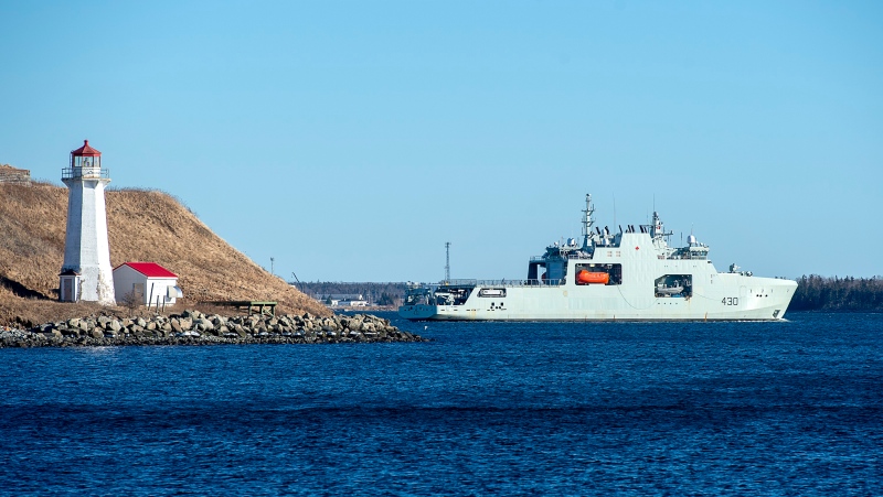 HMCS Harry DeWolf, the navy's first Arctic and offshore patrol ship, built at the Irving-owned Halifax Shipyard, heads from the harbour in Halifax for sea trials on Friday, Jan. 31, 2020. THE CANADIAN PRESS/Andrew Vaughan
