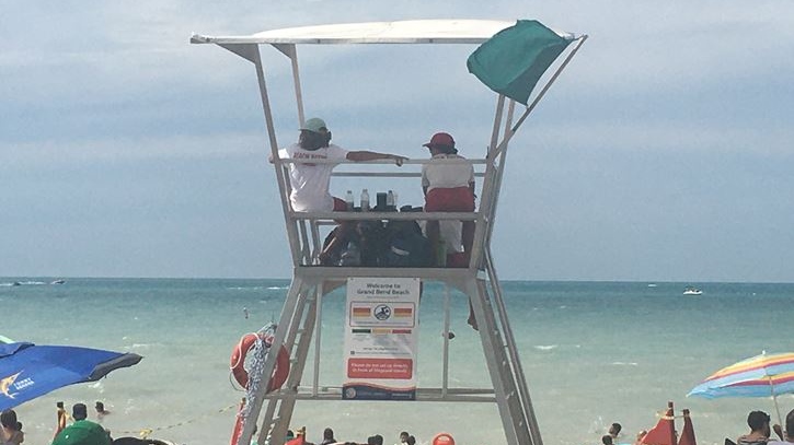 Lifeguards watch the beach in Grand Bend Ont. on Aug. 1, 2020. (Brent Lale/CTV London)