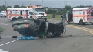Rollover crash outside of St. Thomas Ont. on Aug. 2, 2020. (Brent Lale/CTV London)