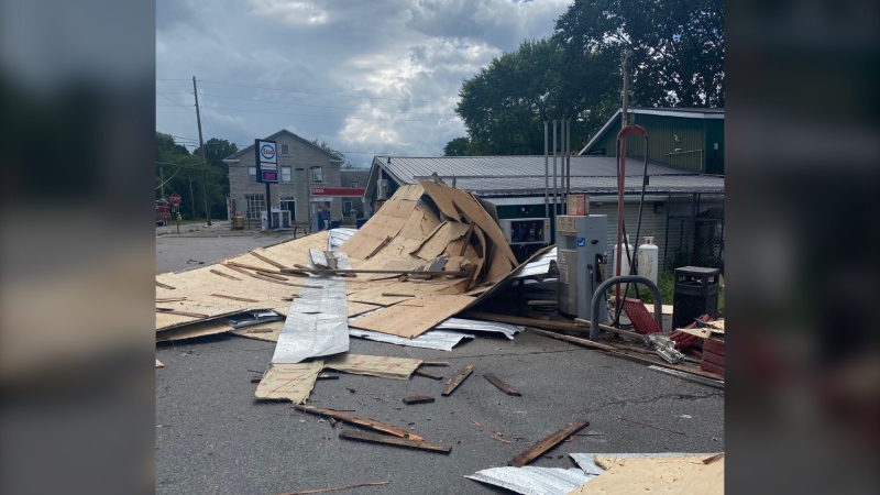 A roof from a nearby building was ripped off and flew into the parking lot of McCormick's Country Store in Camden East, Ont. Sunday, Aug. 2, 2020. (Photo courtesy of Lindsay Noyes)