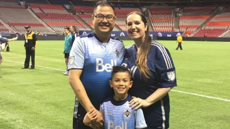 Allen Leung, the Whitecaps FC manager of ticket operations, is searching for a kidney donor and went public with is request in August 2020. He's seen here with his wife Melodie and son Trevor. (Whitecaps FC)