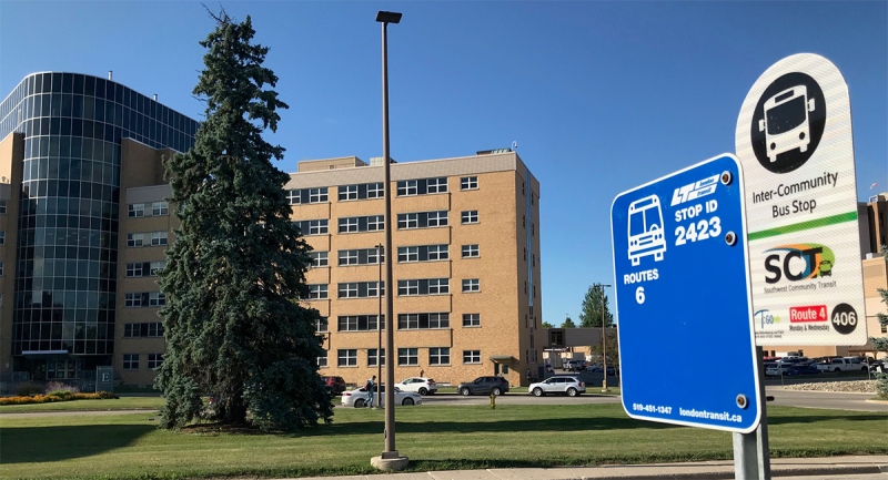 A combined intercommunity and London transit bus stop is seen in front of Building 'E' at the London Health Sciences Centre's Victoria Campus in London, Ont. on Wednesday, Aug. 5, 2020. (Sean Irvine / CTV News)