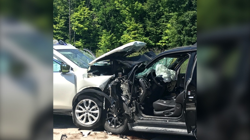 Two vehicles collided on Terry Fox Drive near Old Second Line Road Friday, Aug. 7, 2020, sending three people to hospital in critical condition. (Photo: Ottawa Fire Services)