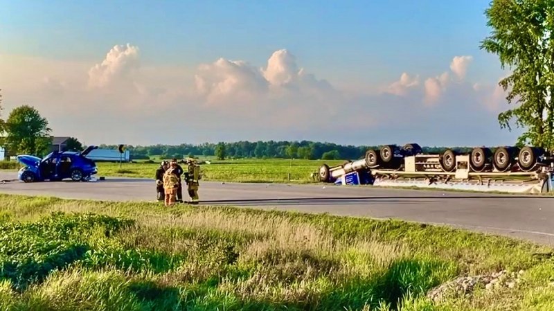 A 55-year-old Caledon woman is dead following a crash between a transport truck and SUV. (Photo: Perth County OPP) (Aug. 10, 2020)