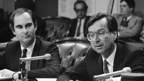 Quebec Premier Robert Bourassa during the opening speech at a parliamentary commission on the Meech Lake constitutional accord, May 12, 1987, while Liberal minister Gil Remillard looks on. (CP PHOTO/Jacques Boissinot)