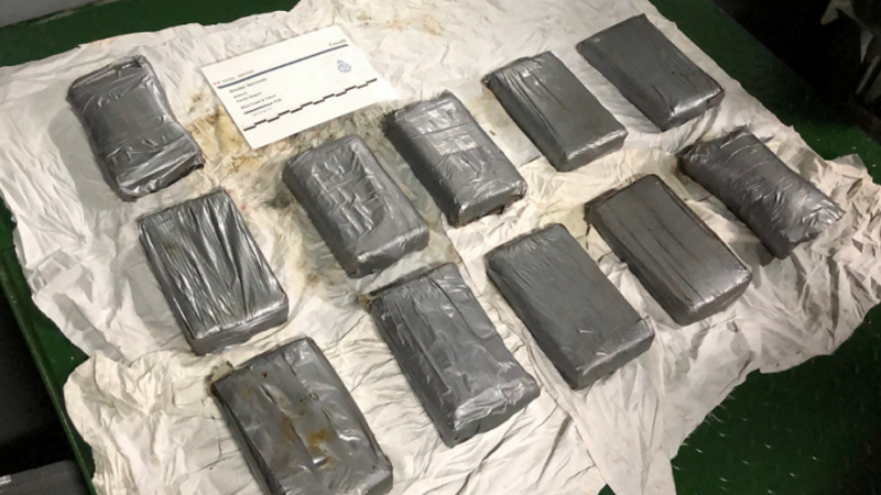The CBSA says a field test identified the contents of the packages as 16.84 kilograms of suspected cocaine, with an estimated street value of $875,000. (RCMP)