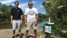 Kevin Sawatzky and Joe Fernandez at memorial for man who drowned in Lake Erie in Wheatley, Ont. on Wednesday, Aug. 12 2020. (Angelo Aversa/CTV Windsor)