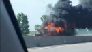 Transport truck fire in the EB lanes of the 401 near Putnam Road on Aug. 15, 2020. (Courtesy: Bert Northup)