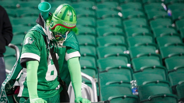 A Saskatchewan Roughriders fan reacts after his team lost to the Winnipeg Blue Bombers in the CFL West Final football game in Regina, Sunday, Nov. 17, 2019.THE CANADIAN PRESS/Jeff McIntosh