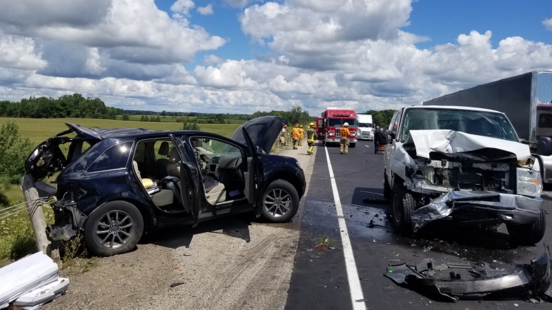 A multi-vehicle crash closed the westbound lanes of Highway 401 between Union Road and Iona Road in Elgin County, Ont. on Tuesday, Aug. 18, 2020. (Source: @OPP_WR / Twitter)