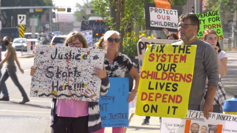 Protesters gathered outside the law courts on Friday to complain about how the justice system handles sexual offenders.