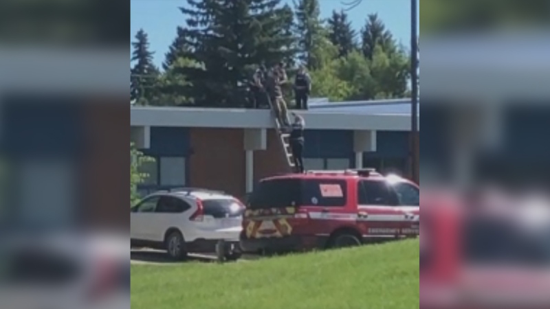Police escort a man from the roof of Mountview School in Red Deer. (Courtesy: Shane Gamache)