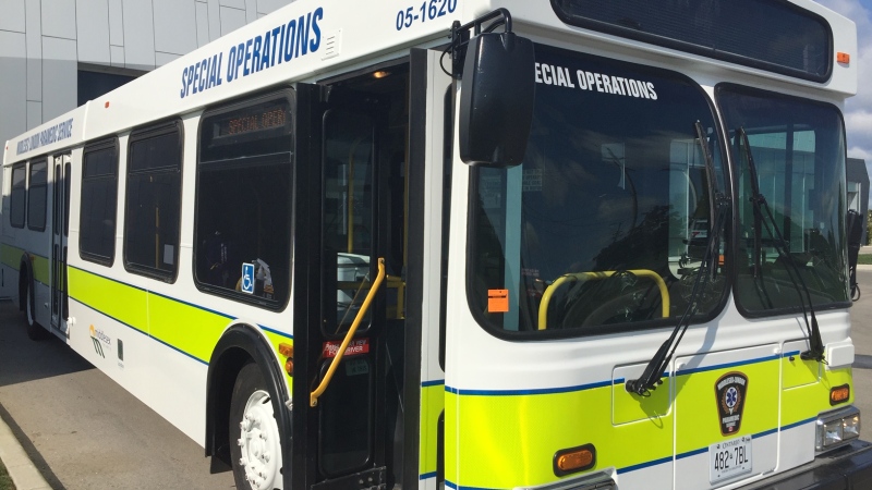 A new multi-patent bus is unveiled by Middlesex-London EMS on Tuesday, Aug. 25, 2020. (Marek Sutherland / CTV News)