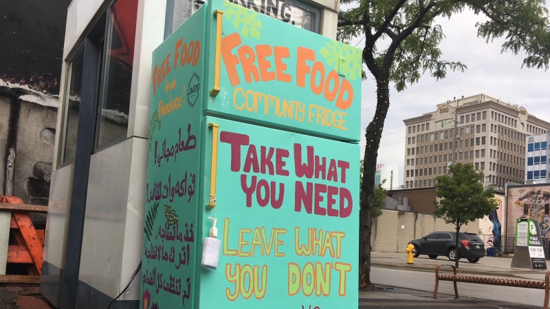 Community fridge project offers free food and water to those who may be in need in downtown Windsor, Ont. on Wednesday, Aug. 26 2020. (Chris Campbell/CTV Windsor)