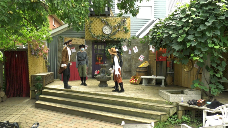 Youth theatre troupe Company of Adventurers rehearses for "A Comedy of Errors" in an Old Ottawa South back yard, Aug. 28, 2020. (Jeremie Charron / CTV News Ottawa)