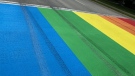 Tire marks are seen on the rainbow crosswalk in Port Elgin, Ont. on Aug. 29, 2020. (Source: Saugeen Shores Police Service)