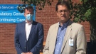 Elgin-Middlesex-London MPP Jeff Yurek, left, and Robert Biron, president and CEO of St. Thomas-Elgin General Hospital speak in St. Thomas, Ont. on Monday, Aug. 31, 2020. (Brent Lale / CTV News)