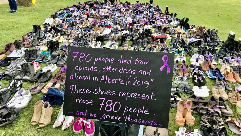 Hundreds of shoes were placed in Victoria Park on Monday to represent the people who died from an overdose in Alberta in 2019. (Sean Amato/CTV News Edmonton)