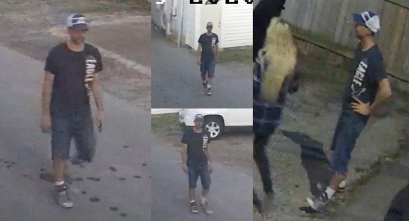 A suspect sought in a suspicious fire in Woodstock, Ont. on Saturday, Aug. 29, 2020 is seen in these images released by the Woodstock Police Service.