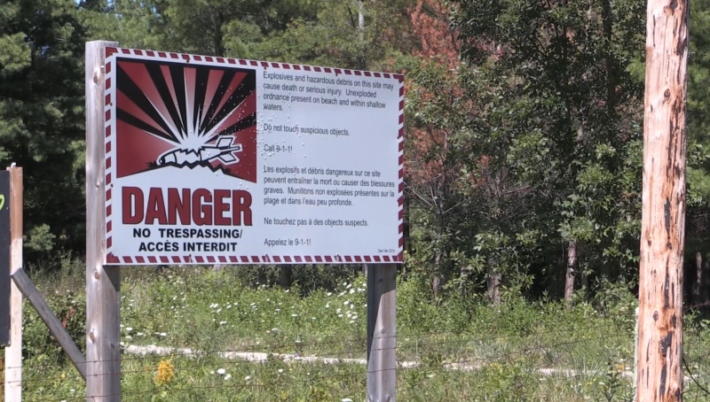 A sign warns of explosives at the former Camp Ipperwash. 