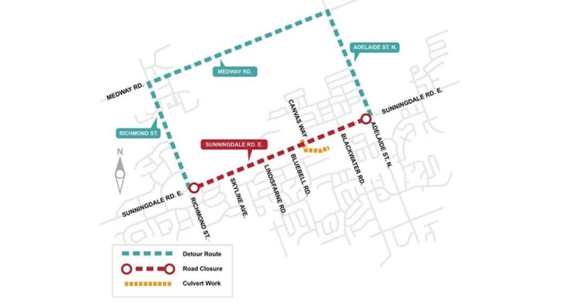 A map provided by the City of London shows the closure on Sunningdale Road starting Sept. 8, 2020.