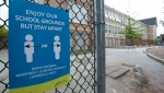 A physical distancing sign is seen during a media tour of Hastings Elementary school in Vancouver, Wednesday, September 2, 2020. THE CANADIAN PRESS/Jonathan Hayward