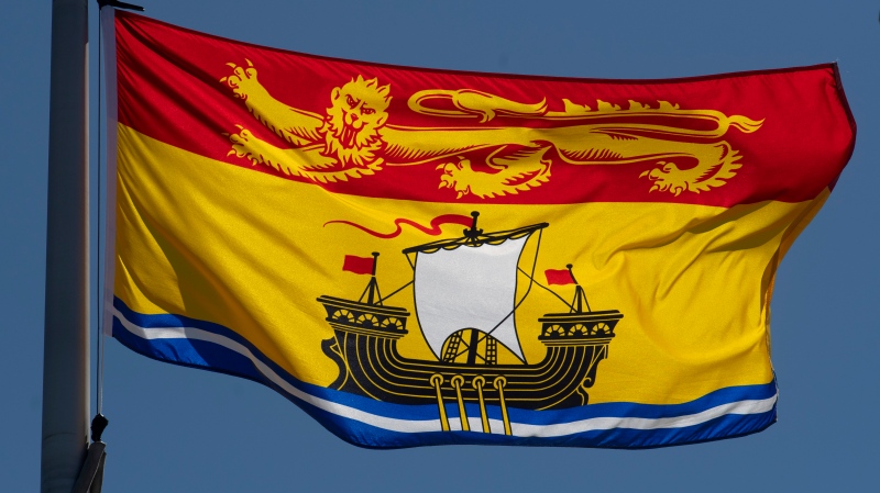 New Brunswick's provincial flag flies on a flag pole in Ottawa, Monday, July 6, 2020. (THE CANADIAN PRESS/Adrian Wyld)