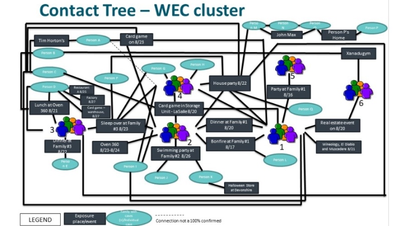 The contact tree for the cluster of COVID-19 cases in Windsor-Essex. (Courtesy WECHU)