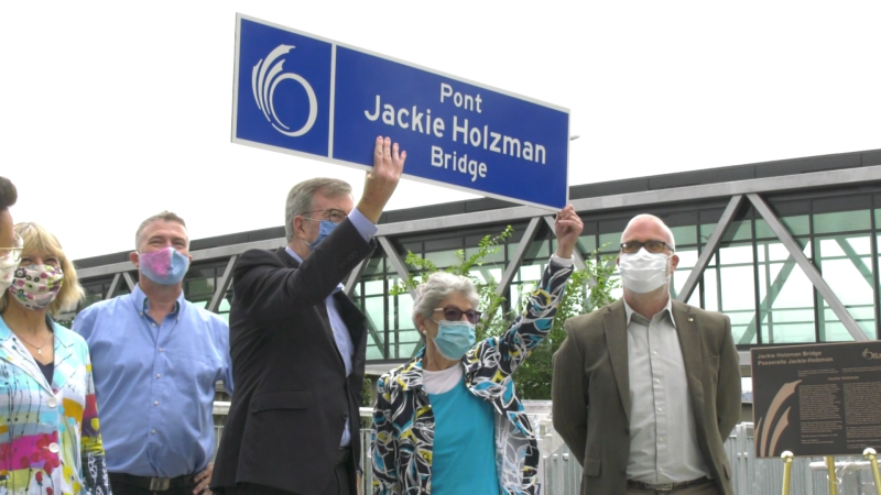 Former mayor Jackie Holzman, centre, at the naming ceremony for the Jackie Holzman Bridge on Thursday. (Shaun Vardon/CTV News Ottawa)