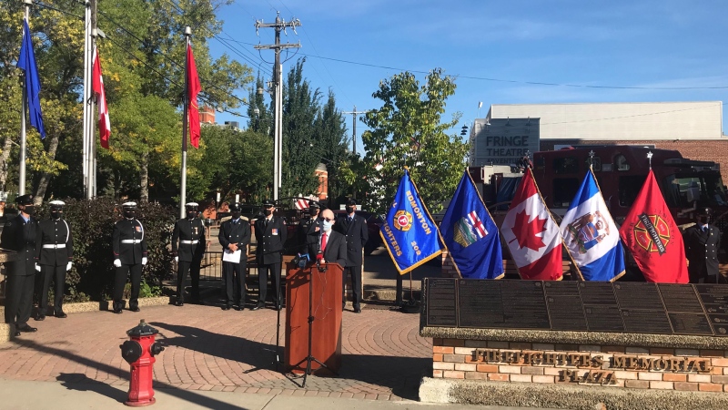 A memorial for Edmonton's fallen firefighters is held on Sept. 11, 2020 in Old Strathcona. (Darcy Seaton/CTV News Edmonton)