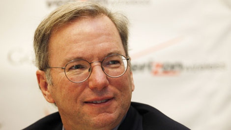Eric Schmidt, chairman and CEO of Google, discusses the partnership with Verizon Wireless, Tuesday, Oct. 6, 2009 in New York. (AP Photo/Mark Lennihan)