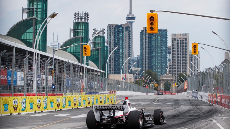 Josef Newgarden of the USA drives during qualifying at the 2019 Honda Indy Toronto, in Toronto, Saturday, July 13, 2019. THE CANADIAN PRESS/Mark Blinch